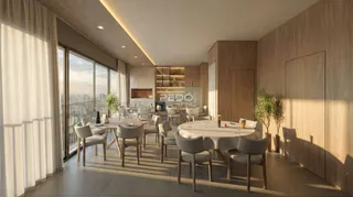 Uma sala de jantar moderna com grandes janelas e vista panorâmica.