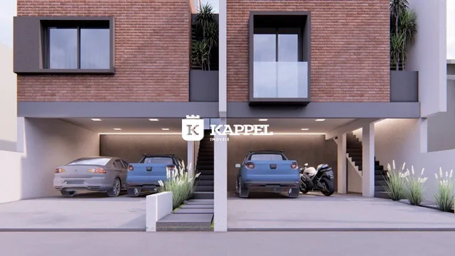 Fachada de um prédio residencial moderno com garagem e paisagismo em Lajeado.
