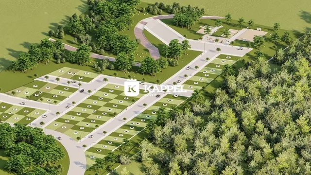 Vista aérea de um loteamento residencial com ruas e áreas verdes.