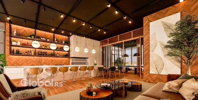Sala de estar com decoração moderna e piso de madeira.