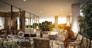 Sala de estar moderna com vista para o jardim e área externa.