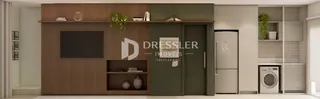 Ambiente interno com painel de madeira e móveis planejados.