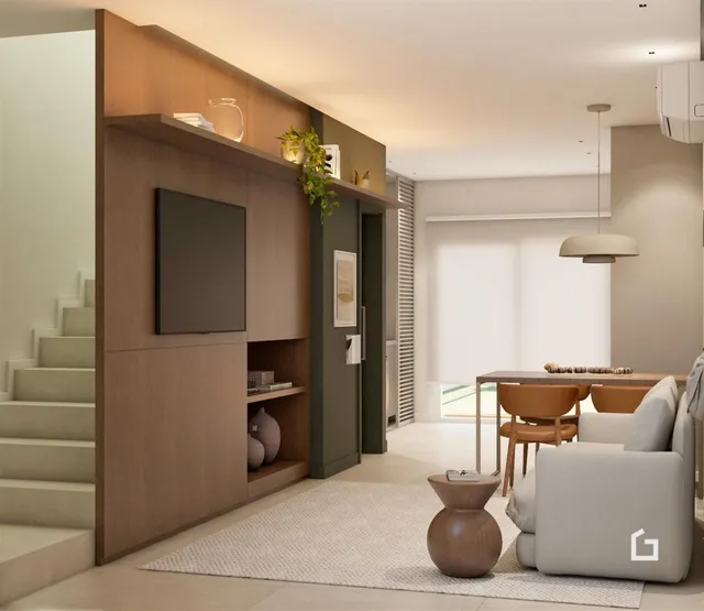Sala de estar moderna com parede de madeira e escadaria no interior da residência.