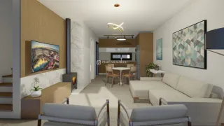 Sala de estar com sofá e lareira em um apartamento.