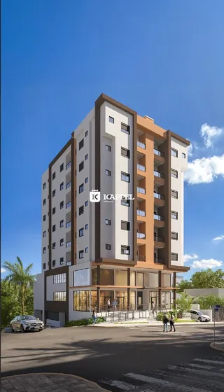 Fachada moderna de um prédio residencial em Lajeado, Brasil, com varandas e arquitetura contemporânea.