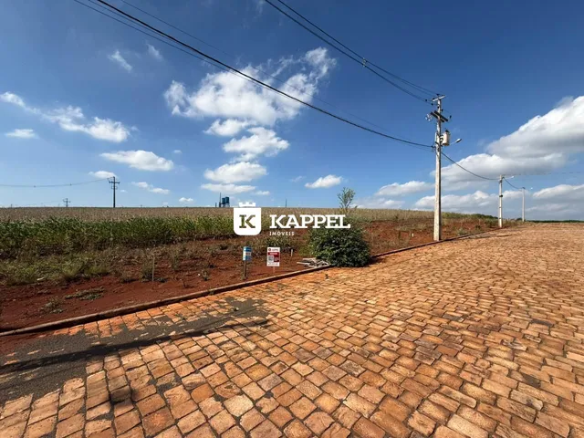 Vista externa de um pátio pavimentado com um campo aberto ao fundo sob um céu azul.