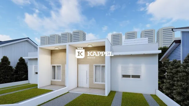 Fachada frontal de uma residência moderna em Lajeado, Brasil.