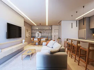 Sala de estar moderna com área de jantar e cozinha em um imóvel no Brasil.