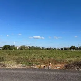 Paisagem de campo aberto com céu azul.