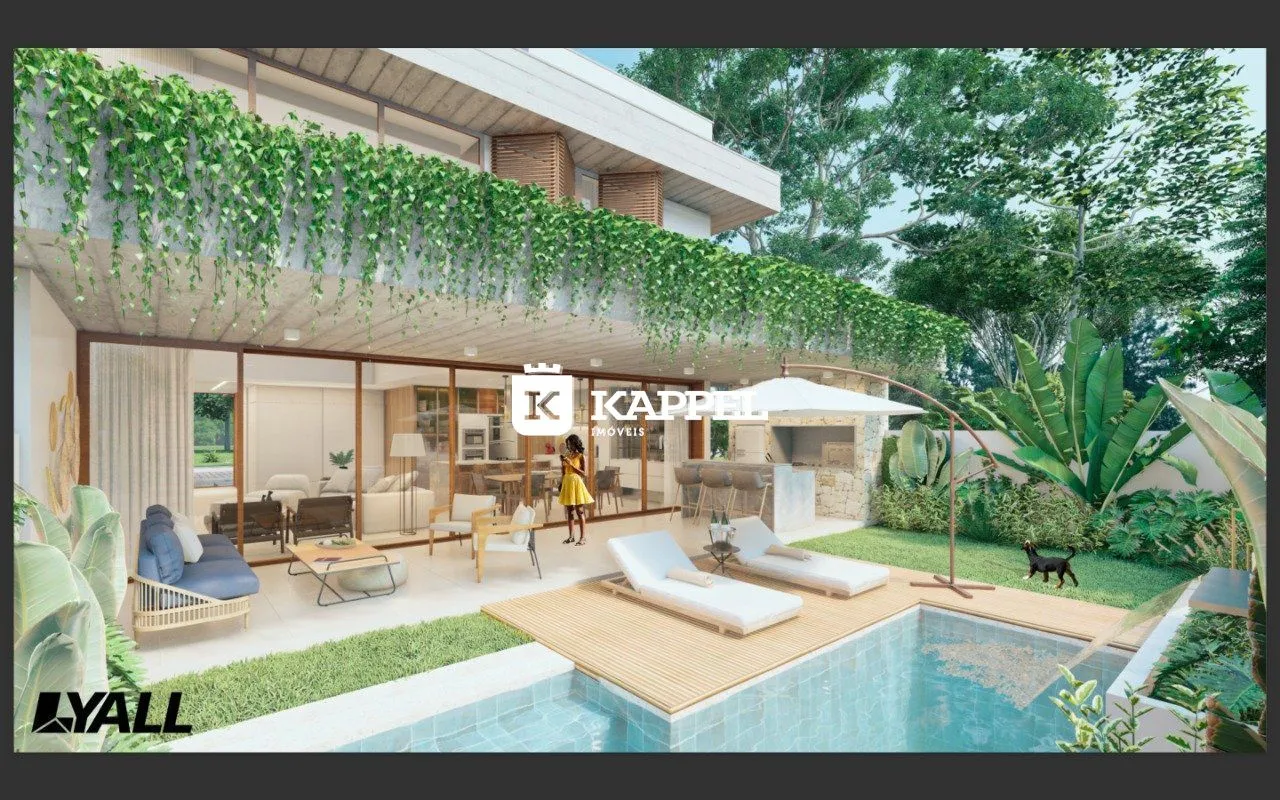 Fachada de uma casa moderna com piscina e jardim bem cuidado.