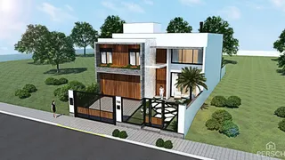 Fachada de uma casa moderna com garagem e jardim em Lajeado, Brasil.