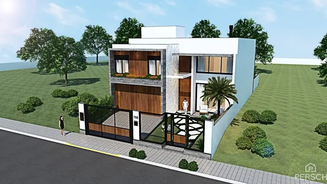 Fachada de uma casa moderna com garagem e jardim em Lajeado, Brasil.
