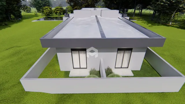 Renderização de uma casa moderna em um terreno gramado.