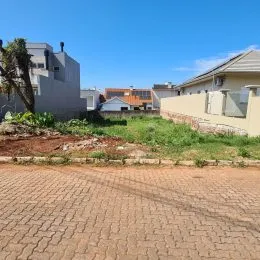 Vista externa da propriedade com área pavimentada e vegetação.