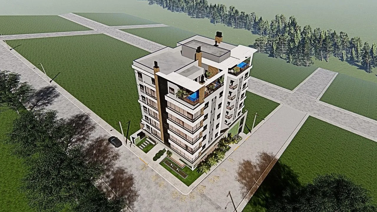 Vista aérea de um prédio residencial moderno em Lajeado, Brasil.