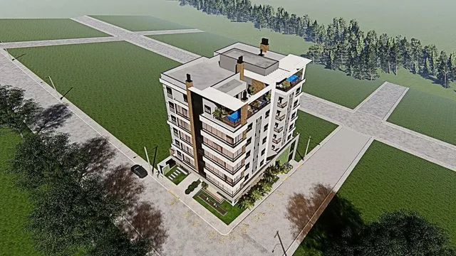 Vista aérea de um prédio residencial moderno em Lajeado, Brasil.