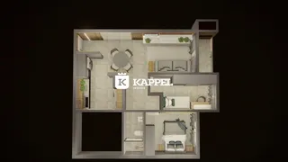 Este é um layout de planta baixa de um apartamento mostrando sala, cozinha e um quarto.