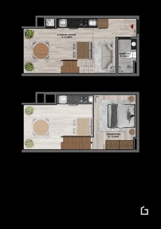 Planta baixa de um apartamento mostrando a cozinha e o quarto.