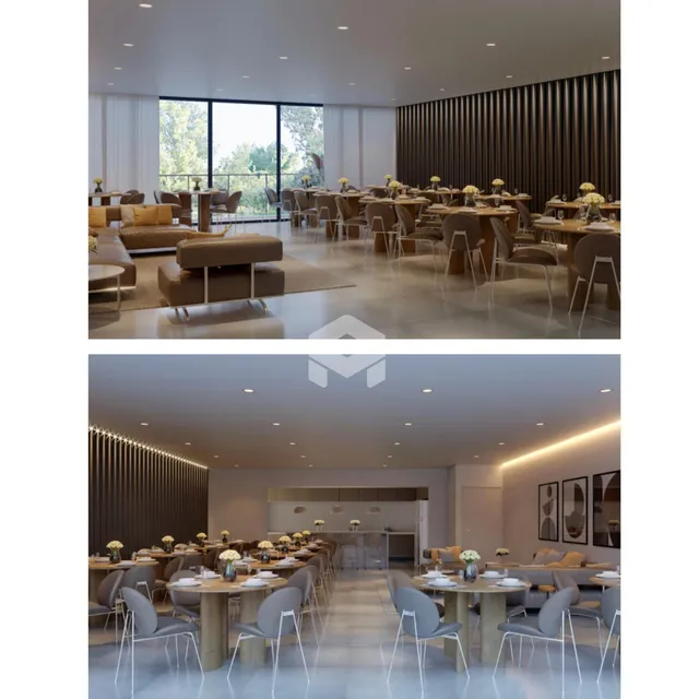 Ambiente interno de uma sala de jantar ampla com mesas e cadeiras em um imóvel.
