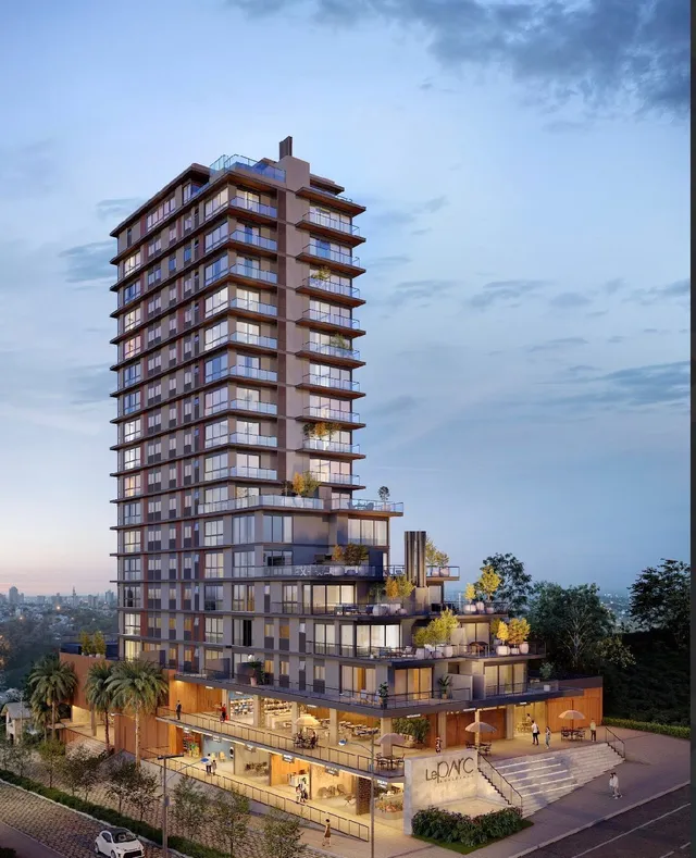 Fachada de um edifício residencial moderno com vários andares em Lajeado.