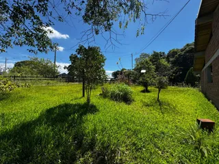Paisagem externa com gramado verde e árvores sob um céu azul.