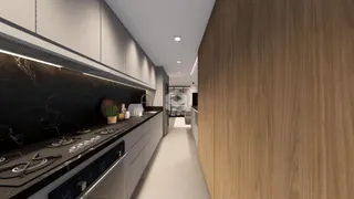 Foto de uma cozinha moderna com armários e bancadas escuras.