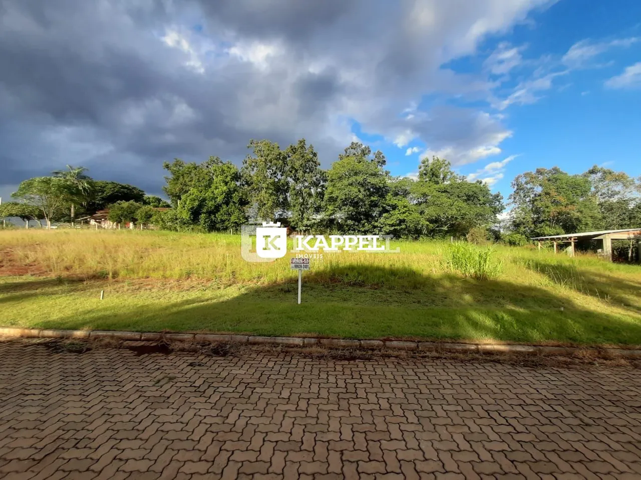 Vista externa de um terreno com grama e árvores ao fundo.