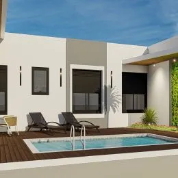 Foto de uma piscina externa com espreguiçadeiras em um quintal.