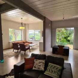 Sala de estar com sofá escuro e teto branco em um imóvel.
