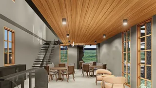 Sala de jantar com teto de madeira e grandes janelas.