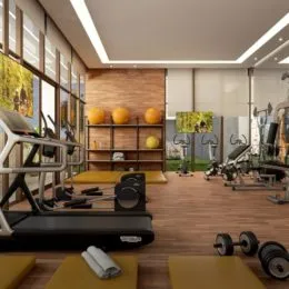 Foto interna de uma área de ginástica com equipamentos de musculação e piso de madeira.
