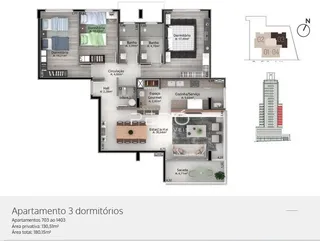 Planta baixa de um apartamento de três dormitórios em Lajeado, Brasil.