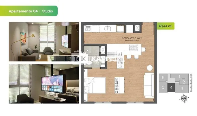 Diagrama de planta baixa de um apartamento em Lajeado, Brasil, mostrando a disposição dos cômodos.