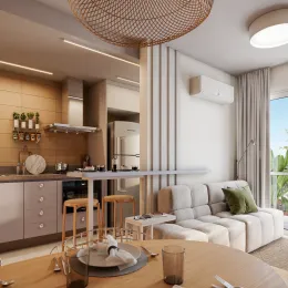 Foto de uma sala de estar com sofá claro e mesa de madeira.