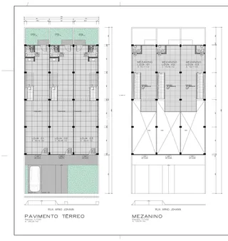 Planta baixa do pavimento térreo e mezanino de uma propriedade na Rua Arno Johann.