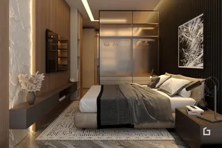 Quarto moderno com cama e decoração em madeira.