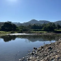 Vista de um corpo d'água com vegetação e colinas ao fundo.