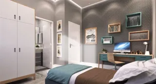 Quarto com cama e armário branco em um ambiente moderno.