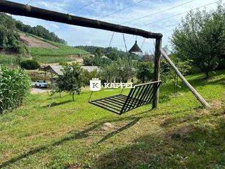 Vista de um campo gramado com vegetação e colinas ao fundo.