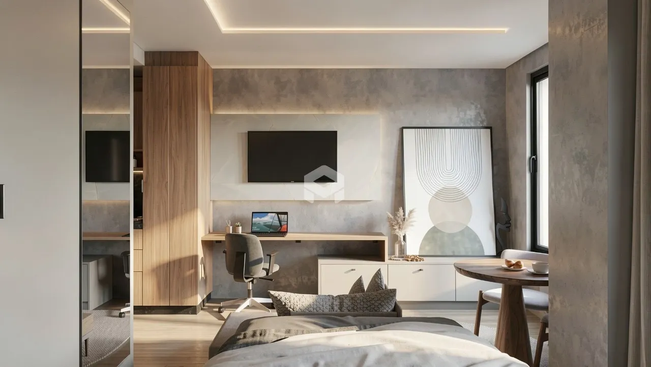 Quarto moderno com decoração minimalista e painéis de madeira.