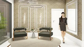 Ambiente de sala de estar com decoração moderna e móveis de destaque.