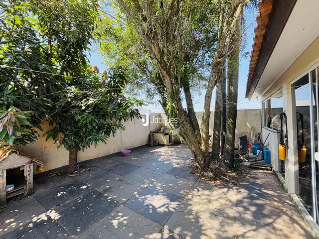 Vista de uma área externa pavimentada com árvores e um muro.