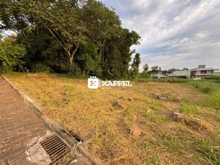 Vista externa de um terreno com grama seca ao lado de uma calçada de tijolos.
