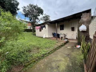 Vista externa de uma residência com vegetação densa no quintal.
