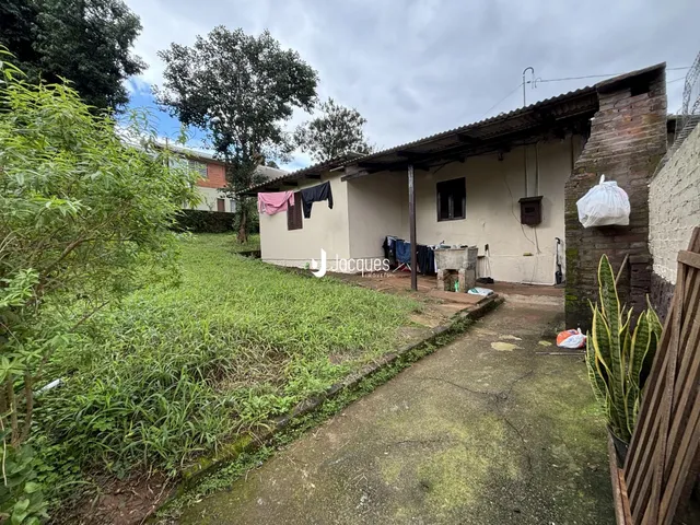 Vista externa de uma residência com vegetação densa no quintal.