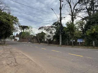 Vista da rua em Lajeado, Brasil, com árvores e postes.