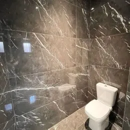 Foto de um banheiro com revestimento de mármore e vaso sanitário.