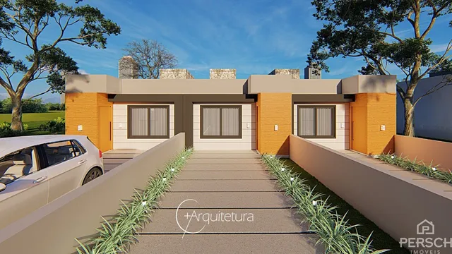Fachada moderna de uma residência em Lajeado, Brasil, com paisagismo frontal.