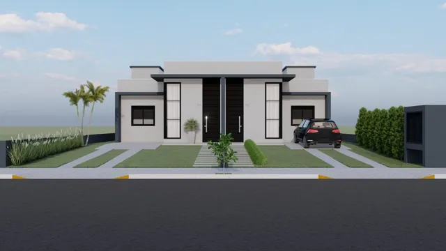 Fachada moderna de uma residência em Lajeado, Brasil, com paisagismo frontal.