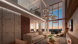 Sala de estar moderna com grandes janelas e decoração contemporânea.